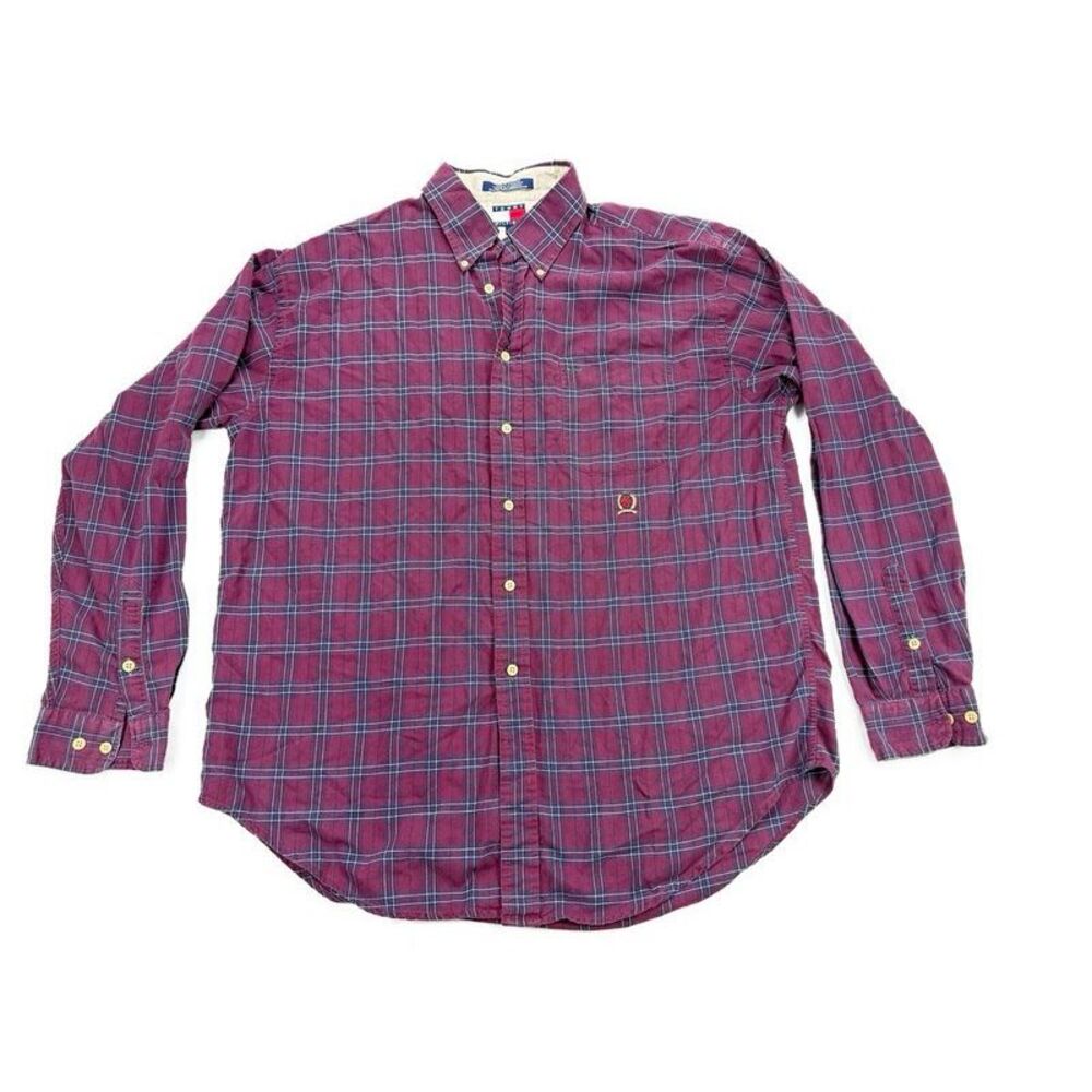 Tommy Hilfiger Mens Button-Down Shirt Long Sleeve Size XL Navy Maroon Plaid